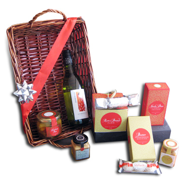 Basket with Wine and Christmas Goodies